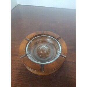 Retro Round Wooden Ashtray With Removable Glass Insert
